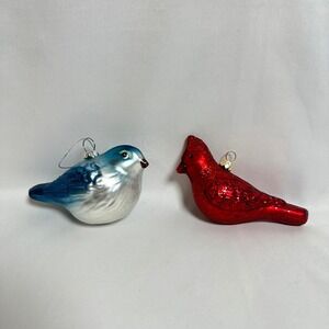 2 blown glass bird ornaments cardinal and blue bird 5"